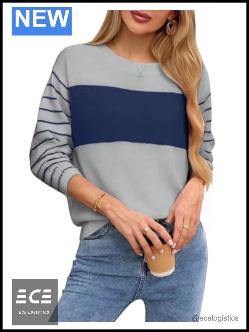 Color Block Knit Pullover Sweater Long Sleeve Crewneck Loose Fit Women's